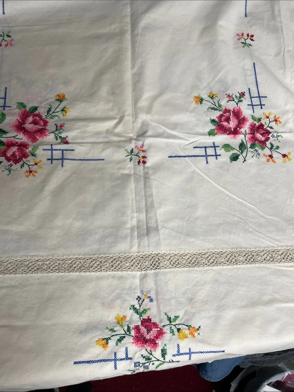 Handmade Cross-stitched Floral White Tablecloth with Crochet Trim Vintage